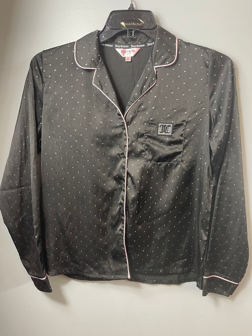 Juicy Couture Black Satin Pajama Sz s & L Long Sleeve Bling Pink Piping Microdot